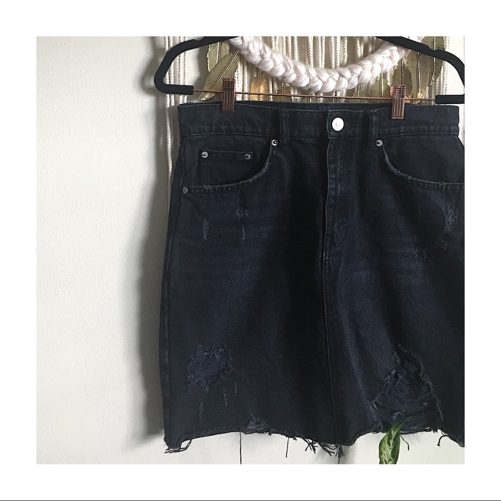 Zara Distressed Black Denim Midi Skirt